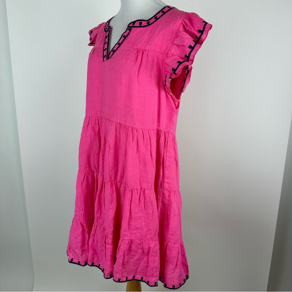 Navy Bleu Eloise Pink Embroidered Linen Flutter Sleeve Dress Size Large - Picture 8 of 14